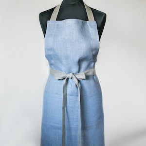 Linen Full Apron Natural Gray With Light Blue Apron Grey Traditional Apron With One Big Pocket Mom Present Eco Friendly Apron Unisex Apron