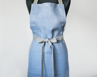 Linen Full Apron Natural Gray With Light Blue Apron Grey Traditional Apron With One Big Pocket Mom Present Eco Friendly Apron Unisex Apron