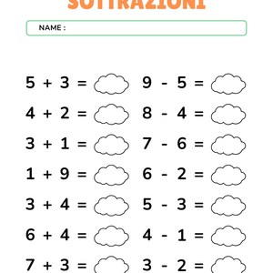 Può includere: Un foglio di lavoro con problemi di addizione e sottrazione in italiano. Il titolo recita "ADDIZIONI E SOTTRAZIONI". Ci sono problemi di matematica con spazi di risposta a forma di nuvola. Un cavallo giallo e una giostra sono in basso.