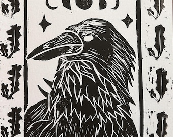 raven linocut Halloween print