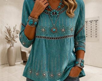 Blusa bohemia floral para mujer, túnica estampada de manga larga y cuello redondo, camisa bohemia informal de corte holgado, conjunto elegante para otoño.