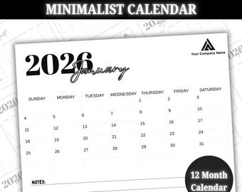 Customized Office Calendar, 2026 Minimalist Calendar, Editable Calendar, 12 months Calendar, 2026 Calendar Planner, Customized on any size