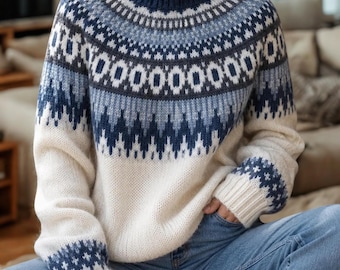 Nordic Fair Isle Knit Sweater, Cozy Oversized Pullover, Soft Cream Blue Grey Vintage Knitwear, Warm Winter Gift