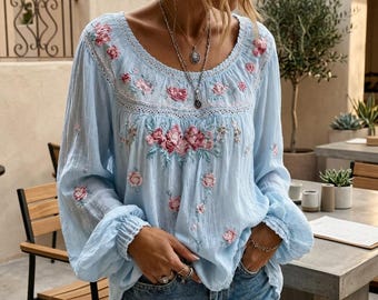 Boho Floral Print Peasant Blouse, Cottagecore Balloon Sleeve Top, Casual Loose Fit Long Sleeve Shirt, Vintage Bohemian Top