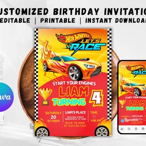 Invitación de cumpleaños editable de Hot Cars / Invitación de cumpleaños de autos de carrera / Plantilla de invitación de cumpleaños de Hot Wheels para fiesta de cumpleaños de Cars / Canva editable