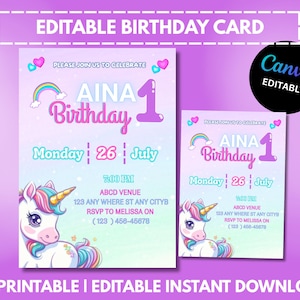 Bearbeitbare UNICORN Geburtstagskarte, Rosa Geburtstagskarte, Lila Geburtstagskarte | 1 Geburtstag | Geburtstag 5 Jahre | 13. Geburtstagskarte | Erster Geburtstag