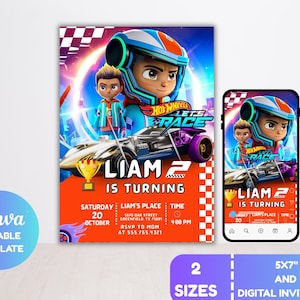 Invitación de cumpleaños editable de Hot Cars / Invitación de cumpleaños de autos de carrera / Plantilla de invitación de cumpleaños de Hot Wheels para fiesta de cumpleaños de Cars / Canva editable