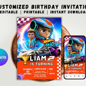 Invitación de cumpleaños editable de Hot Cars / Invitación de cumpleaños de autos de carrera / Plantilla de invitación de cumpleaños de Hot Wheels para fiesta de cumpleaños de Cars / Canva editable