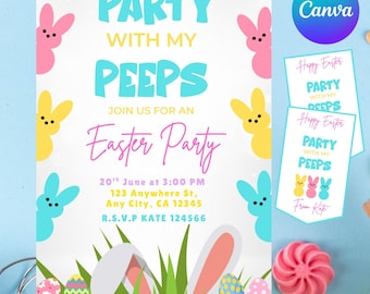 Party With My Peeps Easter Party Invitation, Editable Easter Egg Hunt Invite, Bunny Easter Party Evite, Colorful Easter Egg Hunt Template
