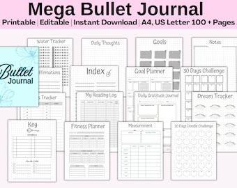 Bullet Journal Bundle, 2026 Monthly and Yearly Trackers, Habit Trackers, Planners, Mood Trackers, Self-Care | US Letter Size, A4, PDF