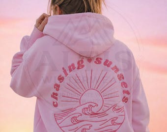 Embroidered Chasing Sunsets Hoodie, Casual Oversized Beach Pullover, Soft Ocean Graphic Sweatshirt, Aesthetic Winter Gift