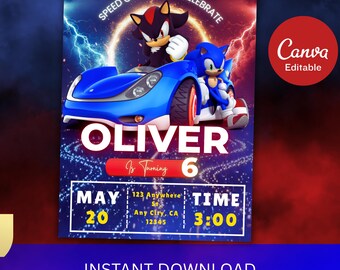 Sonic 3 Birthday Invitation, Super Hedgehog Boys Party Invite, Sonic Party Invitation, Editable Sonic Invitation Card
