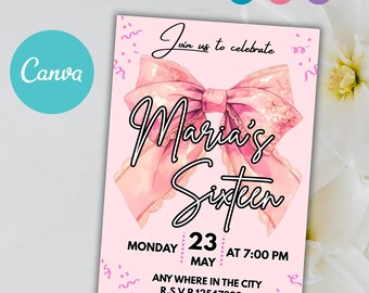 Pink Bow Coquette Bow Birthday Invitation Bundle, 13th Birthday Girl Invitation, Teen Birthday Invite, Coquette Bow, Canva Editable Template