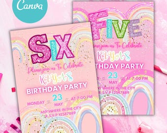 Editable Rainbow Sequin 5th Birthday Invitation, 6th Birthday Card: Printable Canva Template (PDF File)