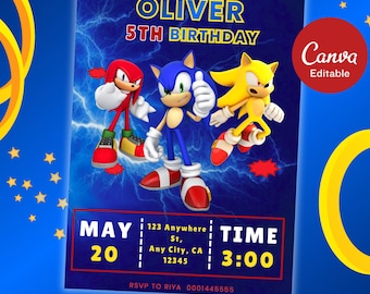 Sonic Birthday Invitation For Kids Party, Sonic The Hedgehog Boys Party Invite, Editable Sonic 3 Girls Birthday, Invite Instant Download