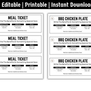 May include: A digital download featuring printable meal tickets and BBQ chicken plate tickets. Each ticket includes fields for date, time, address, and price. The tickets are designed with a simple, clean layout, and the text "Editable | Printable | Instant Download" is at the top.
