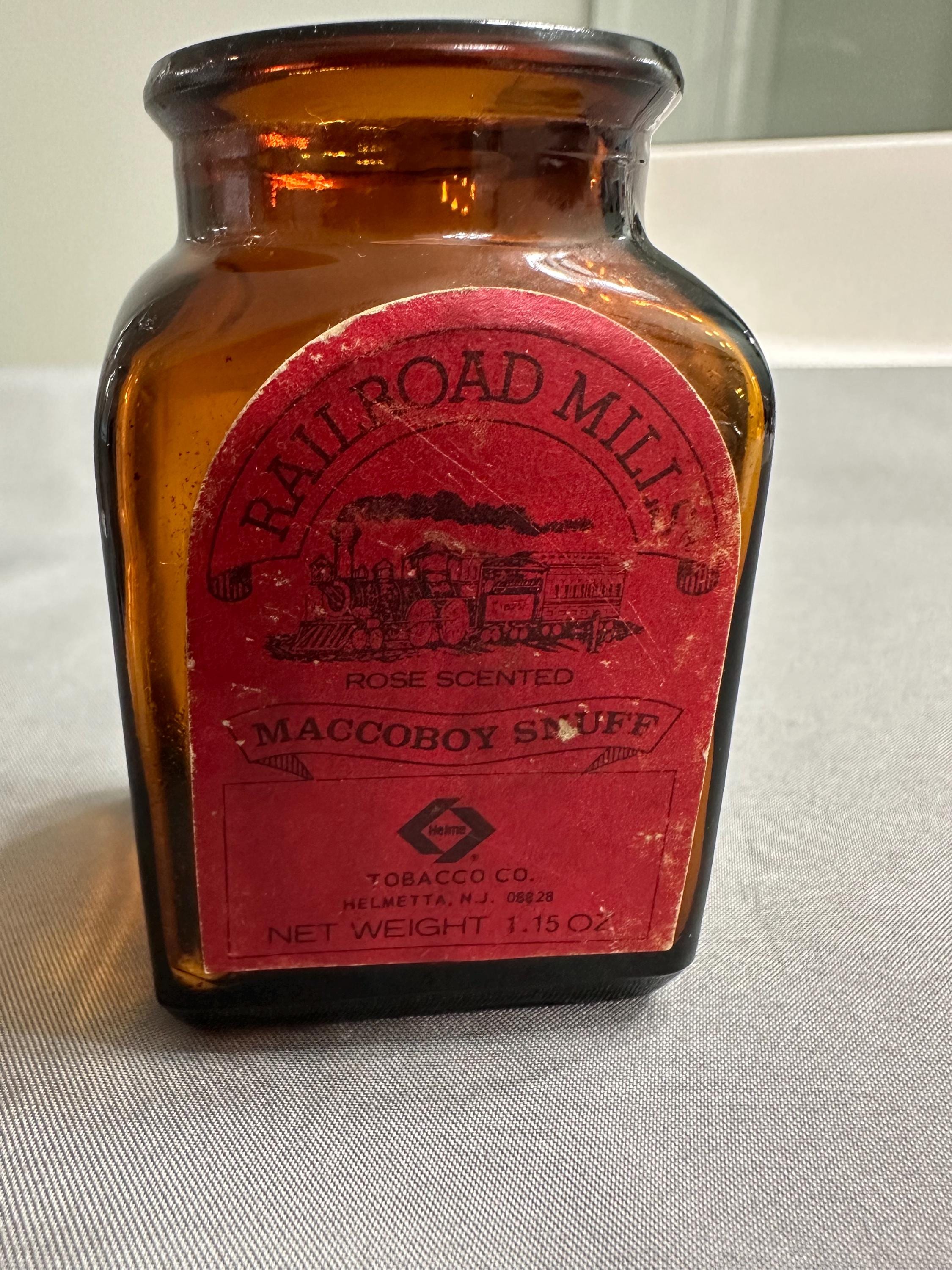 Vintage Railroad Mills Maccoboy Snuff Rose Scented Jar 1.15oz, 2.75” Tall X  1,75” Wide, Label in Good Shape, No Flaws in the Jar,