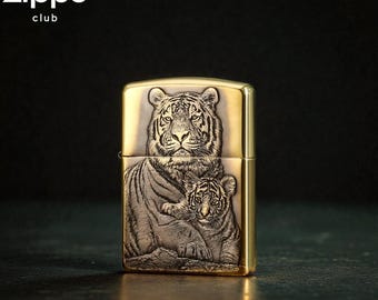 Gold Tiger & Cub Engraved Windproof Lighter – Luxury Animal Design, Collectible Gift for Him