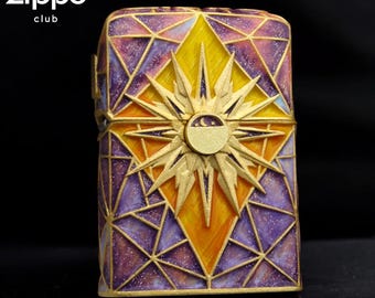 Sun Moon Compass Zippo Lighter: Purple  Gold Geometric Design
