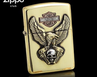 Harley Eagle Skull Brass Lighter • 3D Embossed Metal Armor • Vintage Motorcycle Collectible Case