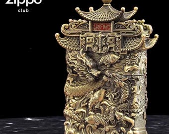 Rzadka zapalniczka Zippo 3D Dragon & Koi – wzór zausznika z rzeźbionego mosiądzu w stylu vintage – edycja kolekcjonerska