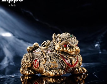 Zapalniczka Lucky Guardian Lion – chiński symbol bogactwa, prezent kolekcjonerski, wiatroodporna zapalniczka kieszonkowa z możliwością ponownego napełnienia