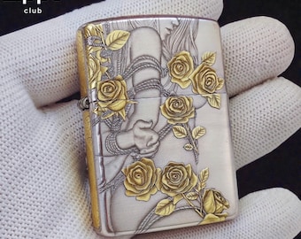 Vintage Silber & Gold winddichtes Feuerzeug - Elegantes Rose graviertes Kunstdesign, Sammlermetallfeuerzeug