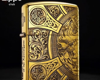 Luxury Gold Engraved Windproof Lighter – Viking Norse Art Metal Flip Top Pocket Lighter, Collector Gift