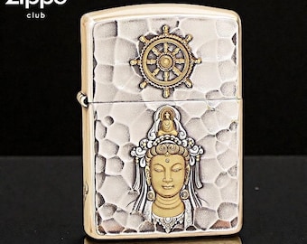 Zippo Guanyin Buddha Feuerzeug, seltene Zippo Feuerzeuge Custom von ZippoCraft, versilbert und handgehämmerter Textur