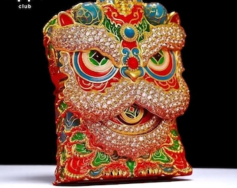 Estuche para encendedor de latón que brilla en la oscuridad de la Danza del León Mítico – Escultura 3D