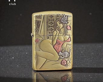 Vintage koperen winddichte aansteker – Japanse kunst gegraveerde metalen aansteker, verzamelcadeau