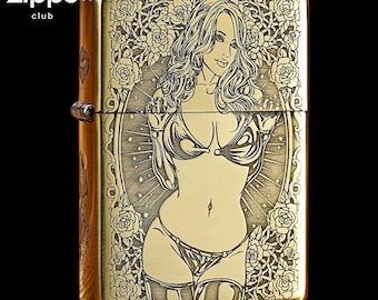 Gold Engraved Art Lighter – Vintage Pin Up Woman & Skull Design, Windproof Metal Flip Top Collectible