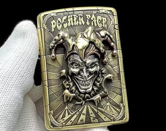 3D Joker Brass Lighter • Poker Face Carved Design • Vintage Windproof Collectible