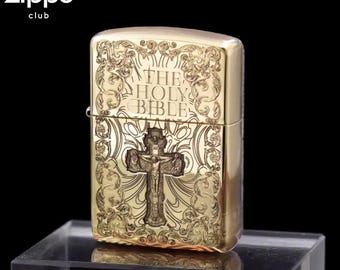 Holy Bible Engraved Zippo-Style Lighter – Gold Vintage Cross Edition | Collector’s Gift