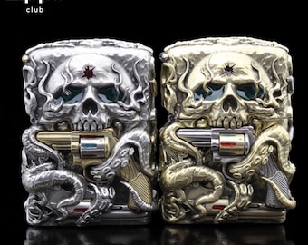 Encendedor Zippo revólver con calavera y pulpo 3D / Diseño premium de metal tallado / Edición de coleccionista