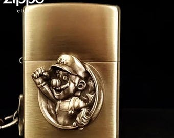 Brass Lighter with 3D Mario Emblem • Vintage Engraved Design • Handmade Collector Gift
