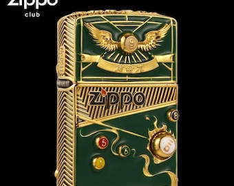 プレミアム3Dビリヤードジッポーケース - ゴールド＆グリーンの刻印入りコレクターズライターカバー