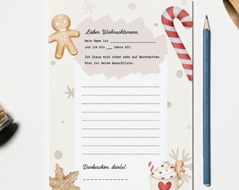 Lista de deseos navideños en PDF para imprimir – Carta a Papá Noel para niños – Plantilla de lista de deseos navideños – Descarga instantánea A4