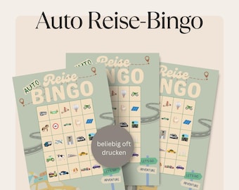 Op de afbeelding: Drie reisbingokaarten met de tekst "Auto Reise-Bingo" in het zwart. De kaarten bevatten illustraties van voertuigen en reisgerelateerde items. De kaarten zijn lichtgroen met een wegontwerp en de woorden "Let's Go Adventure".