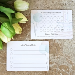 Geburtstagscountdown Karte mit Wunschliste | Geburtstagskalender zum Ausmalen - Vorfreude Geschenk für Kinder & Erwachsene