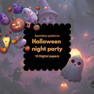 Puede incluir: Ilustración digital con personajes de Halloween, incluyendo fantasmas, calabazas y una bruja. La imagen tiene un fondo oscuro y el texto dice "Halloween night party" y "10 Digital papers".