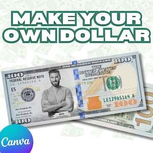 Op de afbeelding: Een afbeelding met de tekst "MAKE YOUR OWN DOLLAR" in het groen. De afbeelding toont een nep $100-biljet met een portret van een persoon in plaats van het origineel. De tekst "NAME" staat op de rekening. Het Canva-logo staat linksonder.