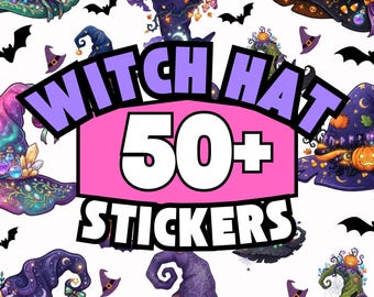 Witch Hat Sticker Bundle, 50 Plus Whimsical Designs, Cute Spooky Printable Graphics