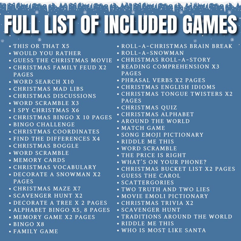 May include: A list of Christmas-themed games, including word searches, quizzes, and bingo. The text is in white on a blue background with a decorative snowflake border. The title reads "FULL LIST OF INCLUDED GAMES".