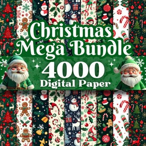 Op de afbeelding: Een digitale papierbundel met een kerstthema. De afbeelding toont verschillende patronen met feestelijke elementen zoals de kerstman, peperkoekenmannen en zuurstokken. De tekst "Christmas Mega Bundle 4000 Digital Paper" wordt in het groen weergegeven.