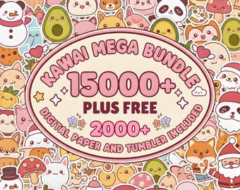 Kawaii Sticker Mega Bundle, 15000+ PNG Clipart, Digital Paper, Tumbler Wraps (Digital Download)