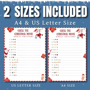 May include: A festive Christmas game sheet with the text "Guess the Christmas Movie Emoji Edition!" in a red and white border. Includes two sizes: US Letter and A4. Features Santa Claus illustrations and gift box graphics.