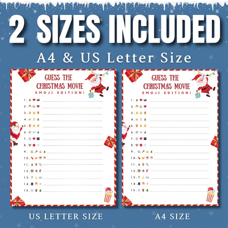 May include: A festive Christmas game sheet with the text "Guess the Christmas Movie Emoji Edition!" in a red and white border. Includes two sizes: US Letter and A4. Features Santa Claus illustrations and gift box graphics.