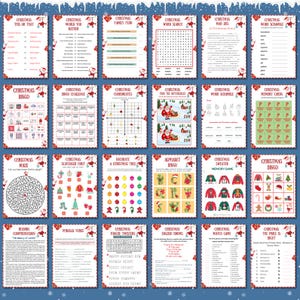 May include: A collection of Christmas-themed printable games and activities. The pages feature various games like bingo, word searches, mazes, and matching games, all with festive illustrations and text. The pages are bordered with a snowflake design.
