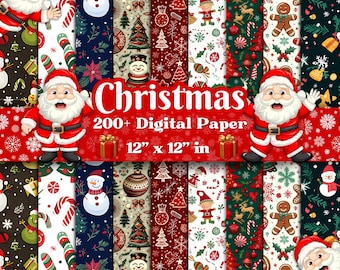 200+ Christmas Digital Paper - 12x12 Holiday Patterns, Santa, Snowman, Candy Canes, Ornaments, Scrapbooking, Crafts & Cards, Commercial Use